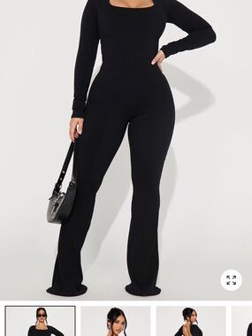 Fashion Nova Black Ribbed Long-Sleeve Jumpsuit